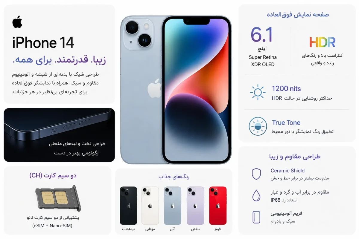 طراحی و صفحه نمایش گوشی موبایل اپل مدل iPhone 14 CH دو سیم کارت