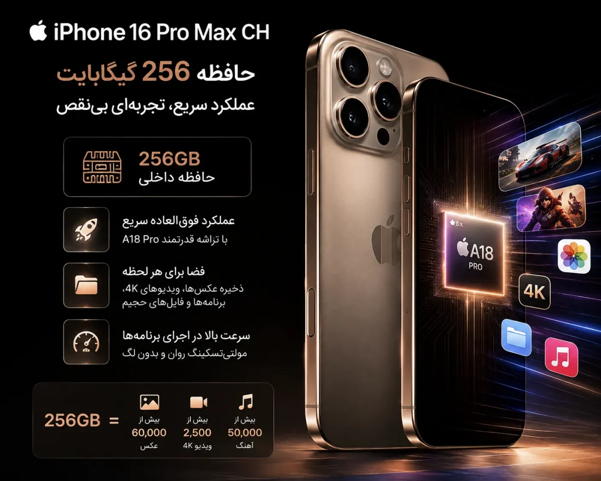 حافظه ۲۵۶ گیگابایت و عملکرد سریع گوشی اپل iPhone 16 Pro Max CH