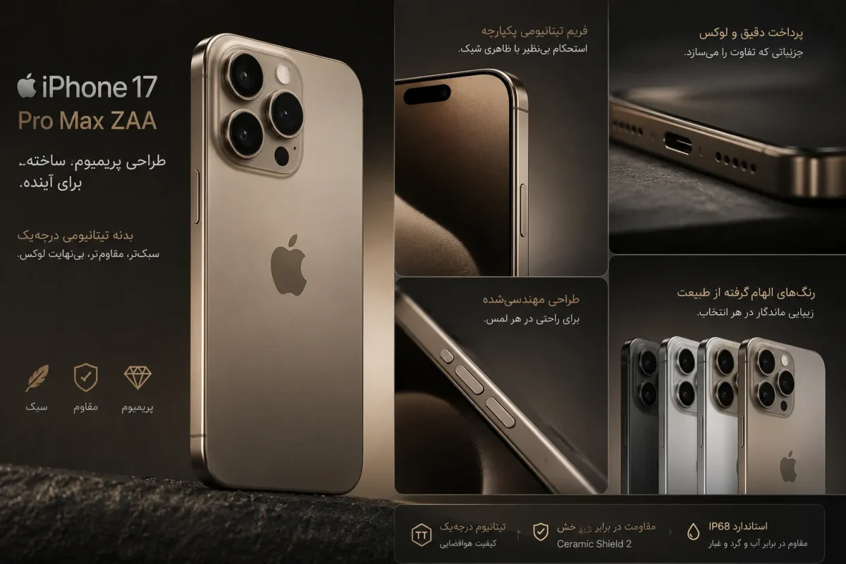 طراحی پریمیوم بدنه تیتانیومی گوشی اپل iPhone 17 Pro Max ZAA
