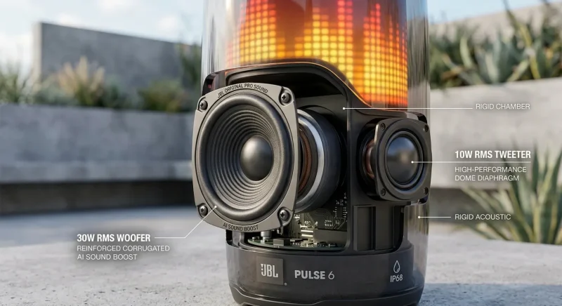 نمای نزدیک از درایورهای صدای قدرتمند اسپیکر JBL Pulse 6
