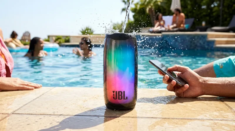 تصویر کاربرد اسپیکر JBL Pulse 6 در کنار استخر و مقاومت در برابر آب