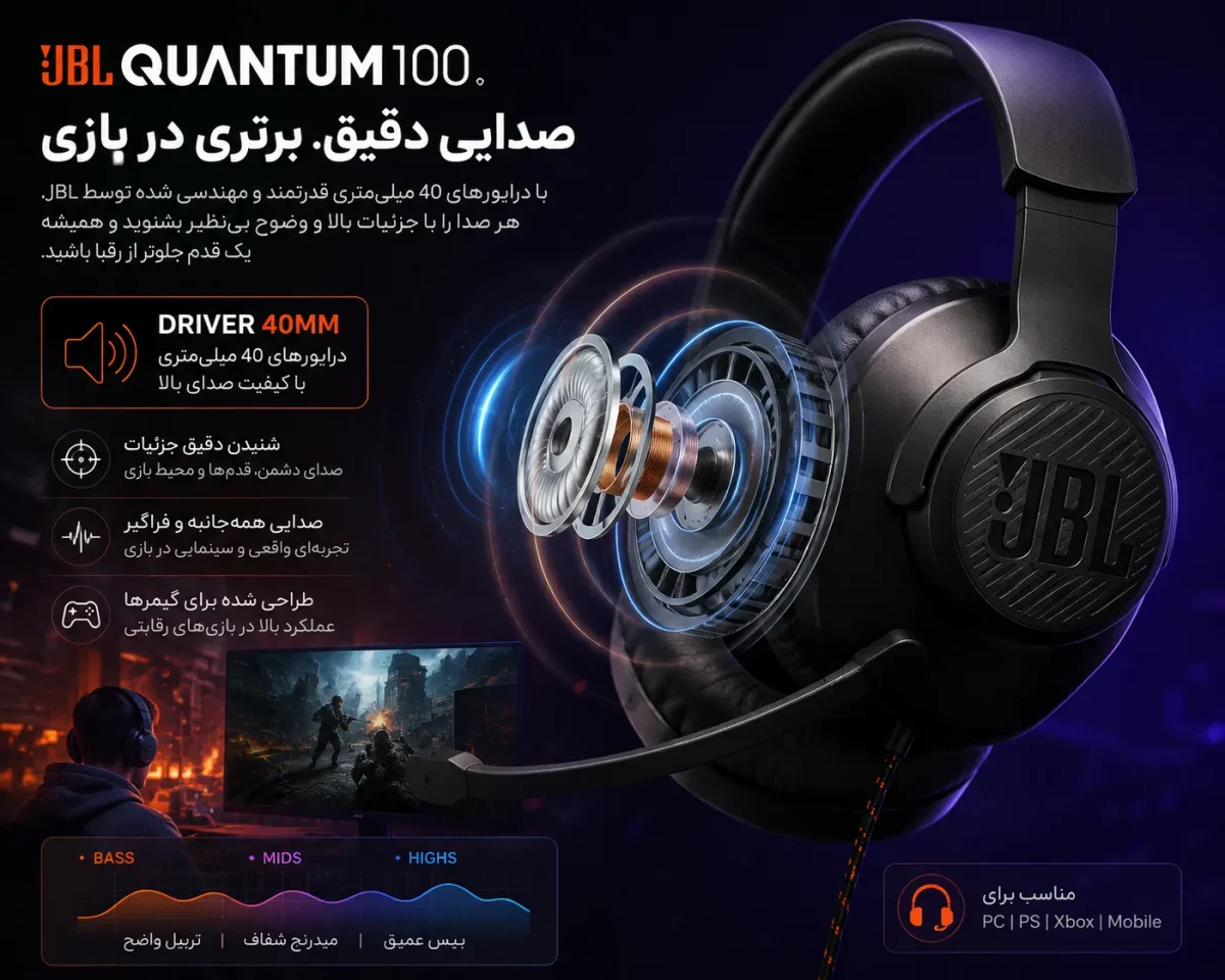 کیفیت صدای هدست JBL Quantum 100 و درایورهای 40 میلی متری آن