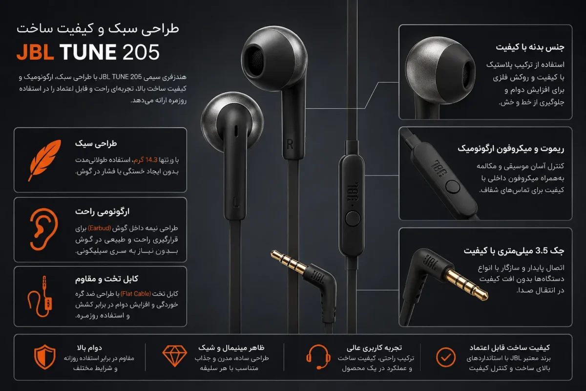 طراحی سبک و کیفیت ساخت هندزفری جی بی ال تیون 205