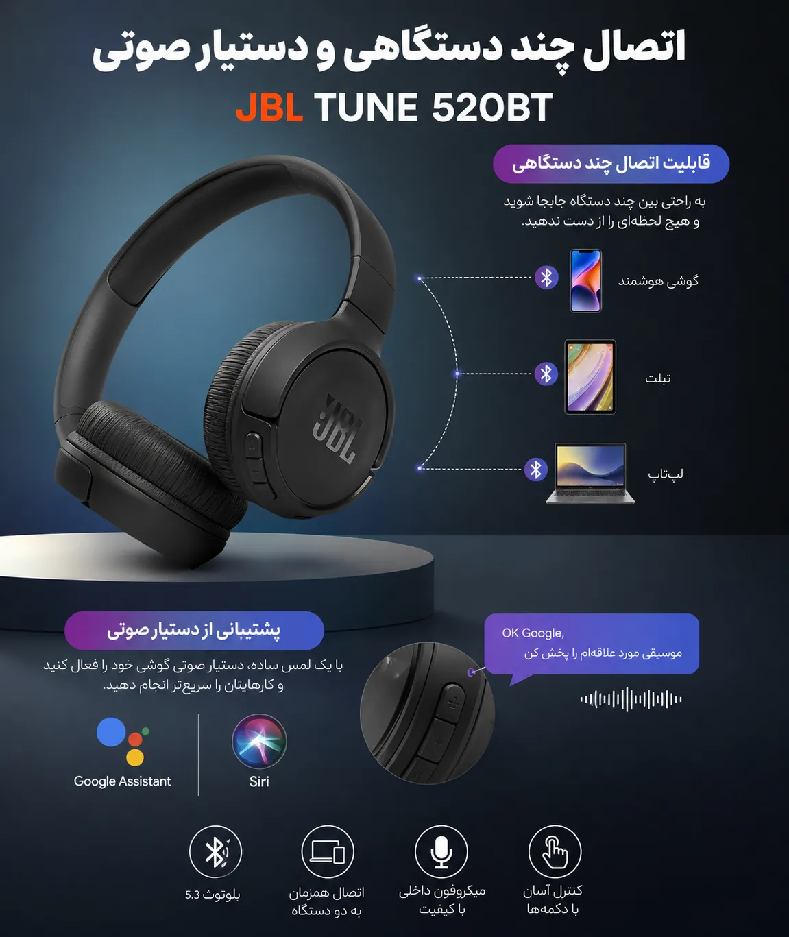 قابلیت اتصال چند دستگاهی و پشتیبانی از دستیار صوتی هدفون جی بی ال Tune 520BT