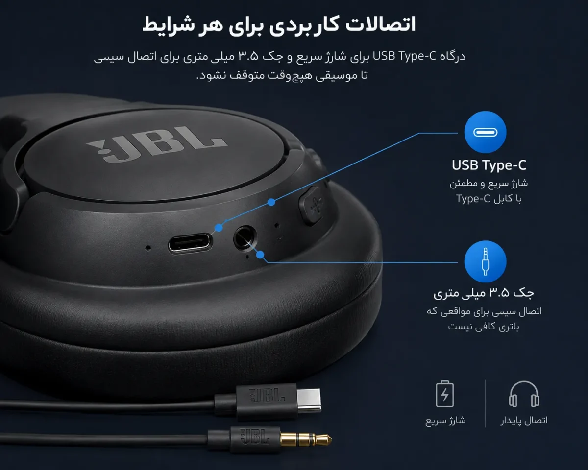 درگاه شارژ USB Type-C و جک ۳.۵ میلی متری هدفون جی بی ال