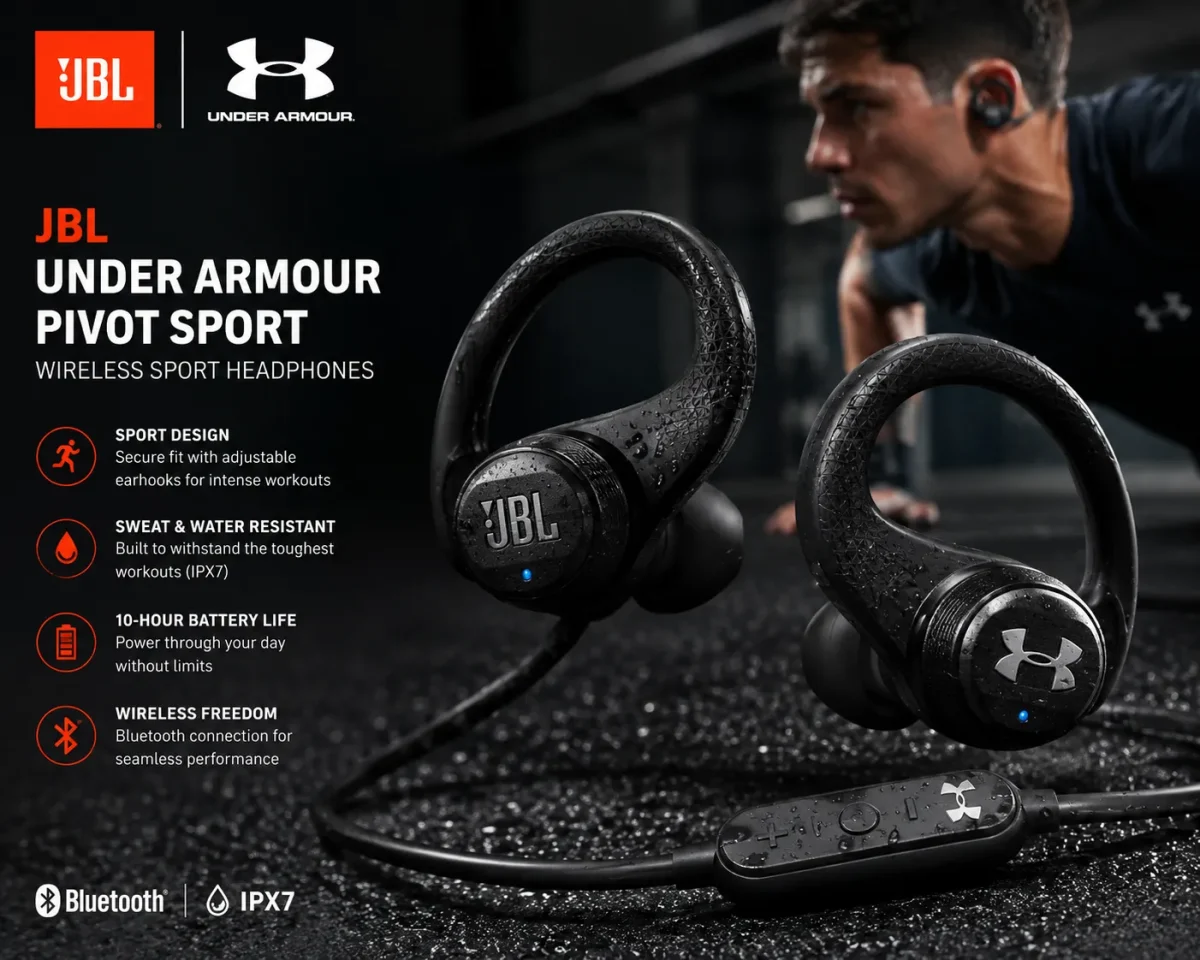 هدفون بی سیم JBL Under Armour Pivot Sport با طراحی ورزشی و لوگوی دو برند