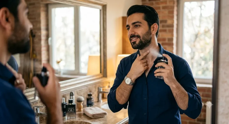 مردی در حال اسپری کردن عطر روی نبض گردن برای ماندگاری بیشتر