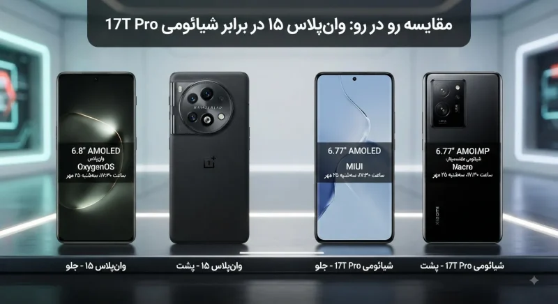 مقایسه رو در روی وان‌پلاس ۱۵ و شیائومی 17T Pro از نمای جلو و پشت