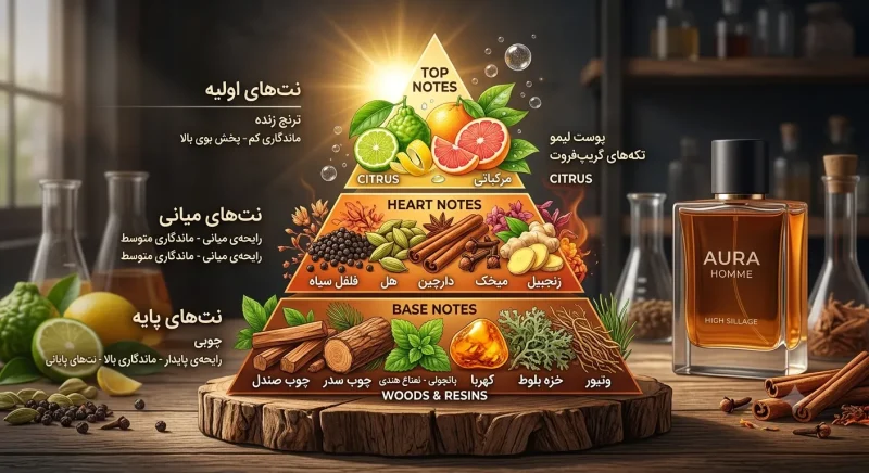 هرم نت های بویایی عطر مردانه شامل نت های اولیه مرکباتی، میانی ادویه ای و پایه چوبی برای پخش بوی بالا