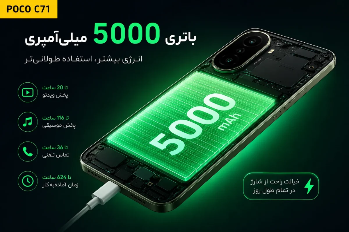باتری ۵۰۰۰ میلی آمپری گوشی Poco C71