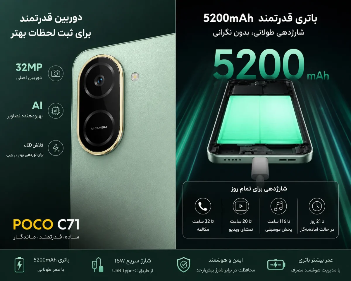 تصویر دوربین و باتری گوشی Poco C71