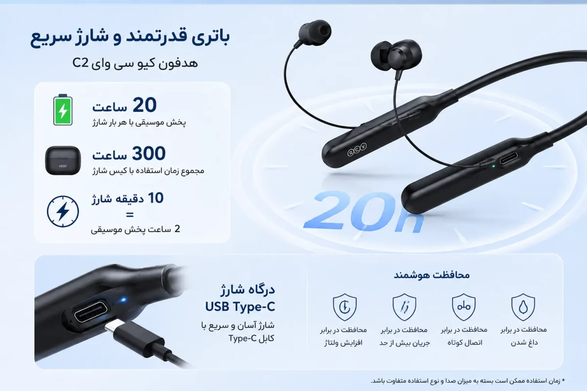 باتری و درگاه شارژ USB Type-C هدفون کیو سی وای C2