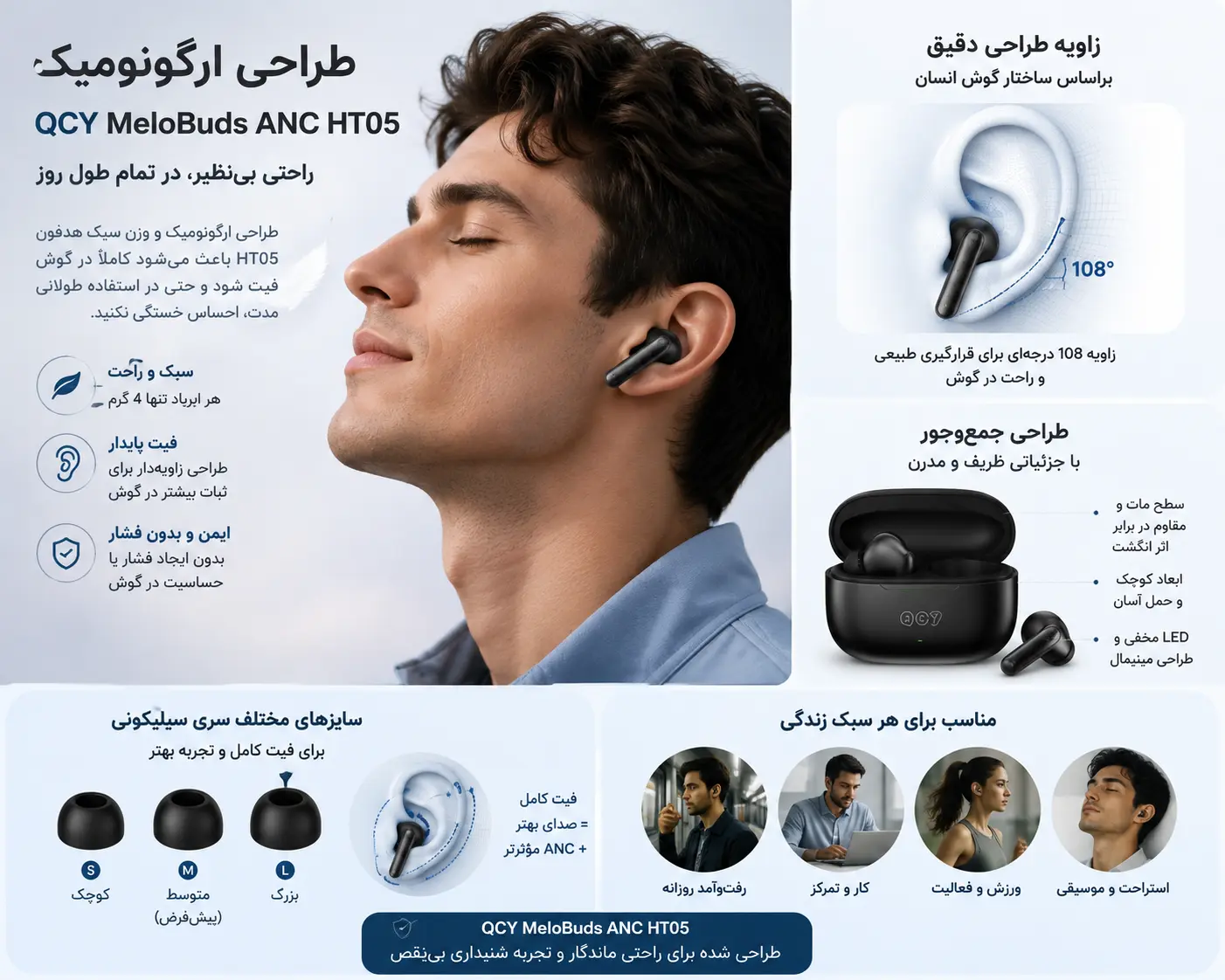 طراحی ارگونومیک هدفون کیو سی وای ملودی بادز ANC HT05