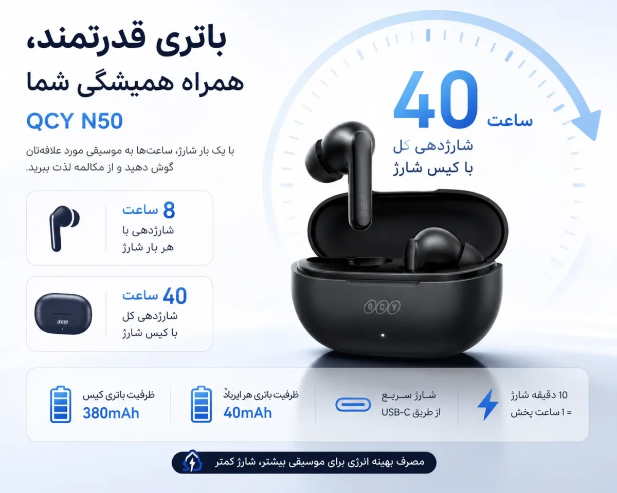 باتری و شارژدهی طولانی هدفون بلوتوثی کیو سی وای N50