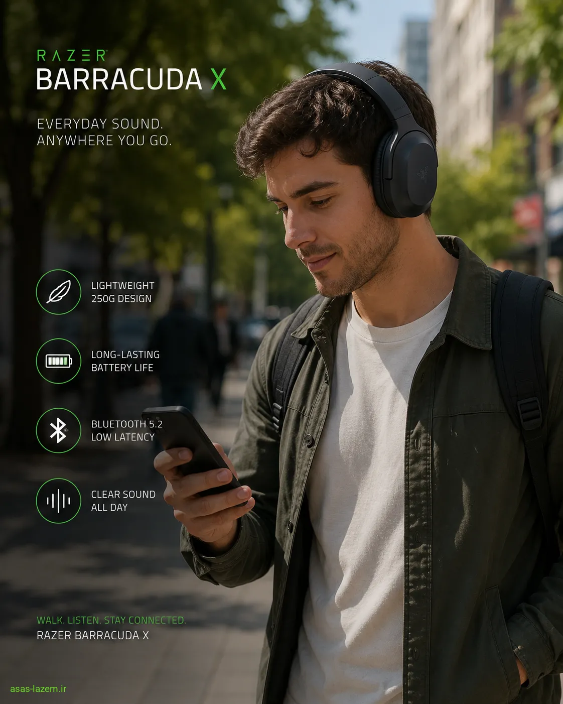 کاربردهای روزمره razer Barracuda X استفاده روزمره از هدفون ریزر باراکودا ایکس با موبایل هنگام پیاده روی