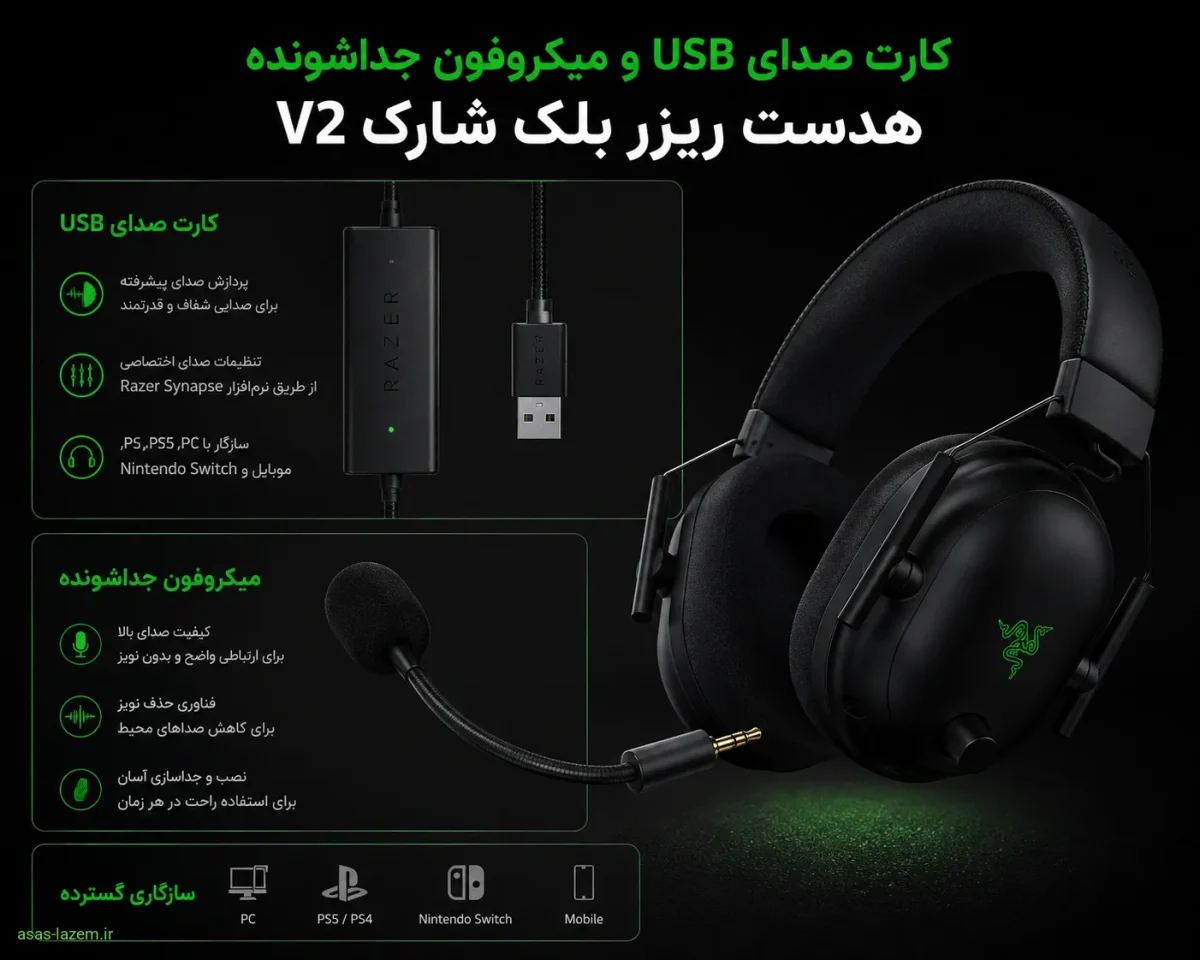 کارت صدای USB و میکروفون جداشونده هدست ریزر بلک شارک v2