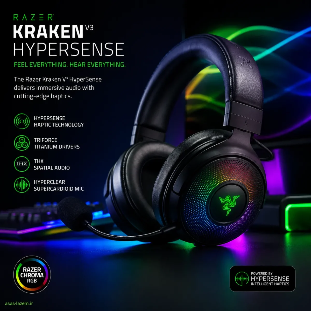 هدست ریزر کراکن وی ۳ هایپرسنس با طراحی مشکی و نورپردازی RGB