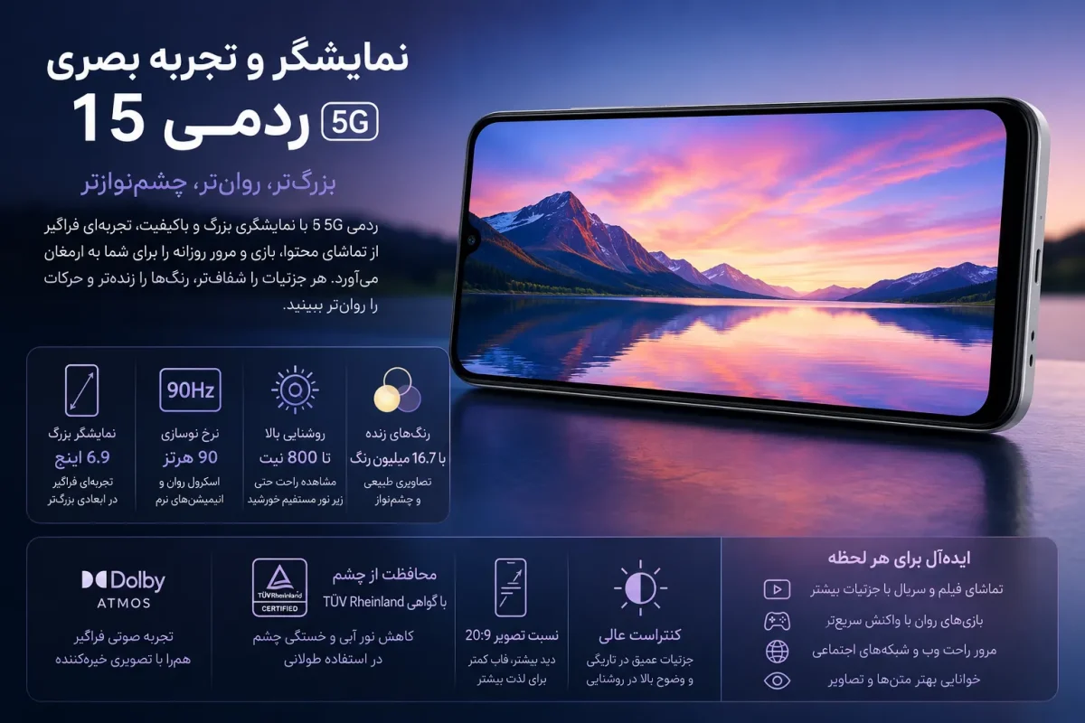 نمایشگر و تجربه بصری گوشی ردمی 15 فورجی