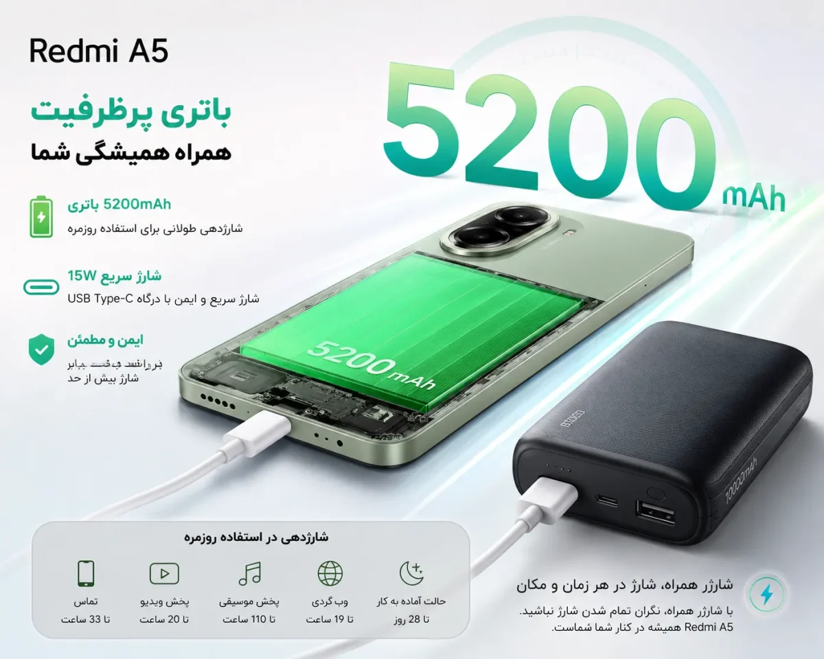 باتری پرظرفیت و شارژر همراه گوشی Redmi A5