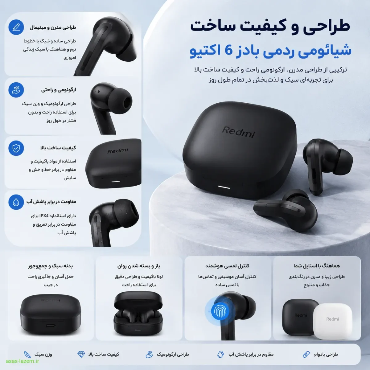 طراحی و کیفیت ساخت هدفون شیائومی ردمی بادز 6 اکتیو