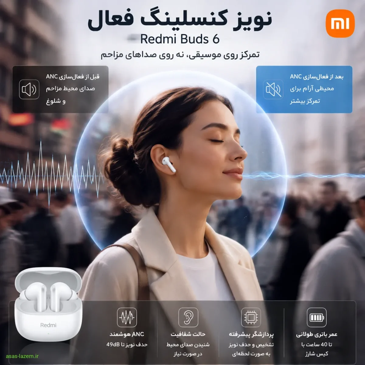 نویز کنسلینگ فعال هدفون شیائومی ردمی بادز 6 در محیط شلوغ