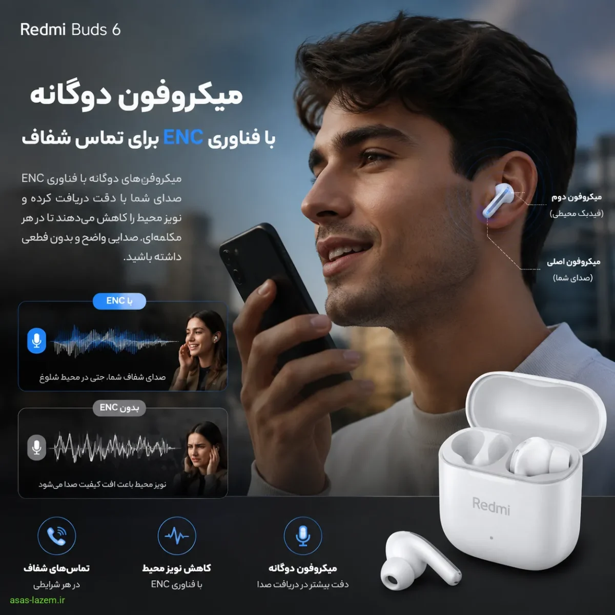میکروفون دوگانه با فناوری ENC برای تماس شفاف در هدفون شیائومی ردمی بادز 6