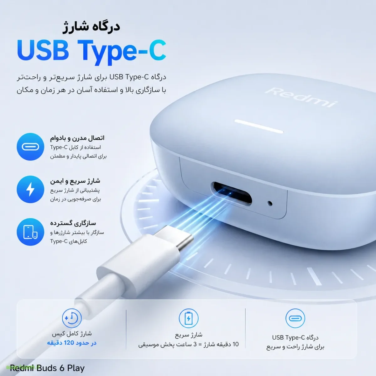 درگاه شارژ USB Type-C هدفون شیائومی ردمی بادز 6 پلی درگاه شارژ USB Type-C هدفون شیائومی ردمی بادز 6 پلی