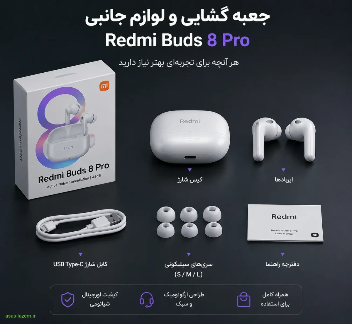 جعبه گشایی و لوازم جانبی هدفون شیائومی ردمی بادز 8 پرو