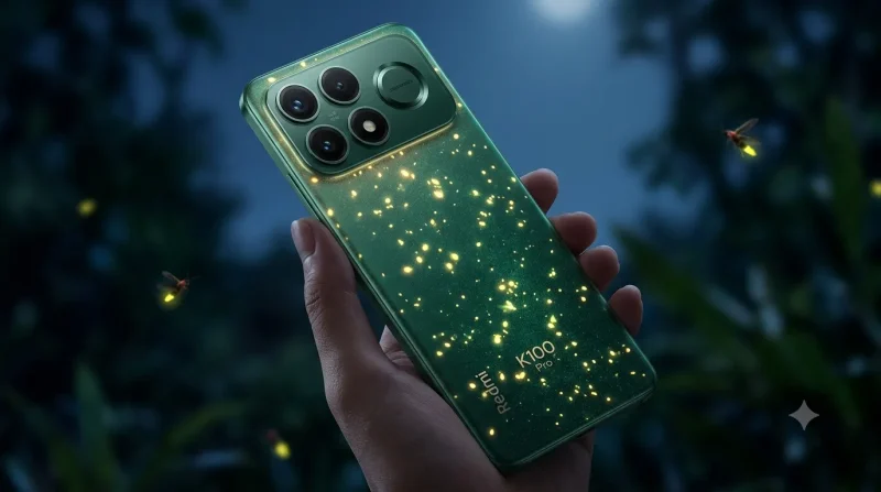 نمای پشت گوشی ردمی K100 پرو با بدنه درخشان Glowing Firefly