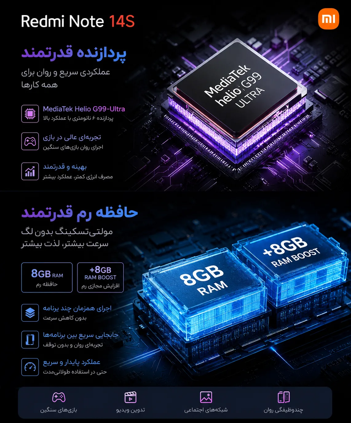 پردازنده قدرتمند و حافظه رم گوشی ردمی نوت 14s شیائومی