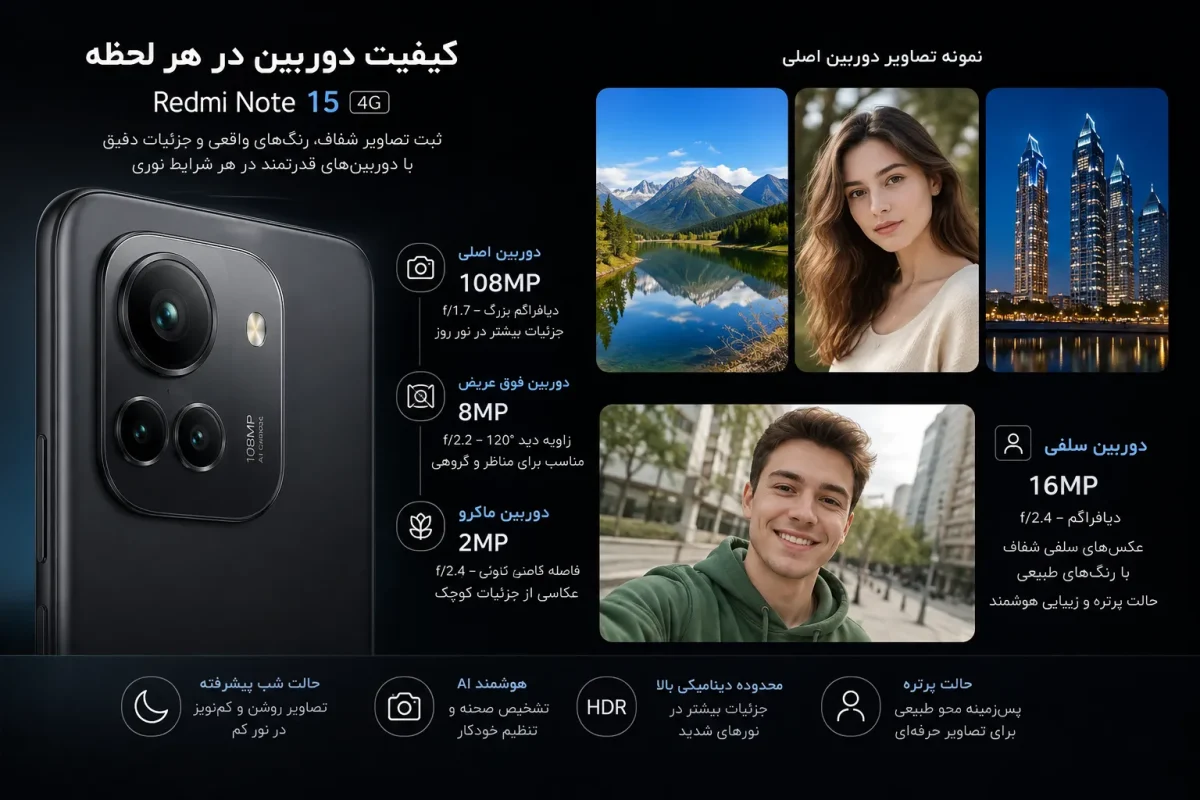 کیفیت دوربین اصلی و سلفی گوشی شیائومی Redmi Note 15 4G