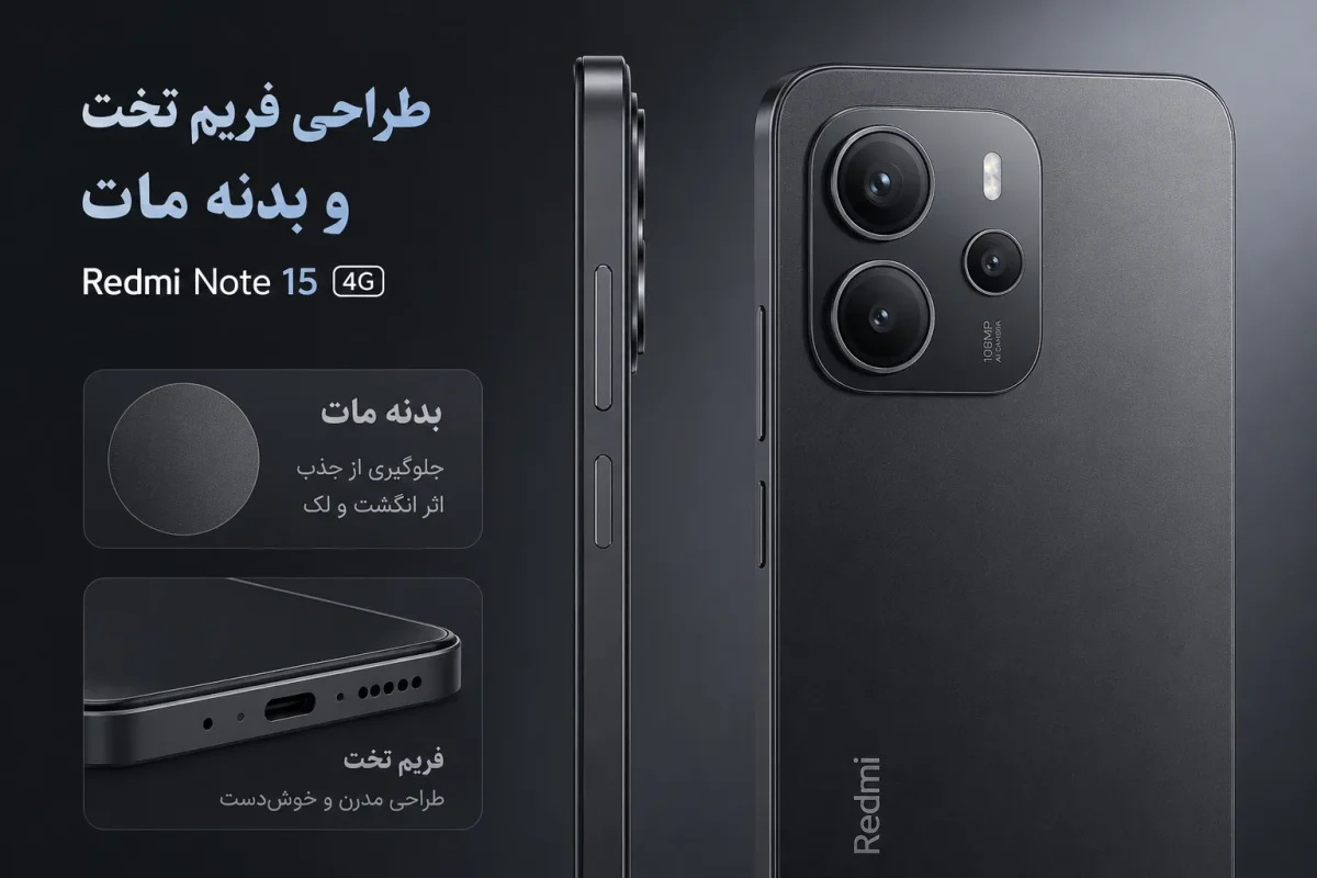 طراحی فریم تخت و بدنه مات گوشی شیائومی Redmi Note 15 4G