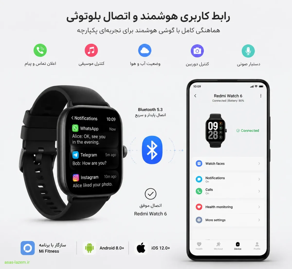 رابط کاربری و اتصال بلوتوثی ساعت هوشمند شیائومی ردمی واچ 6