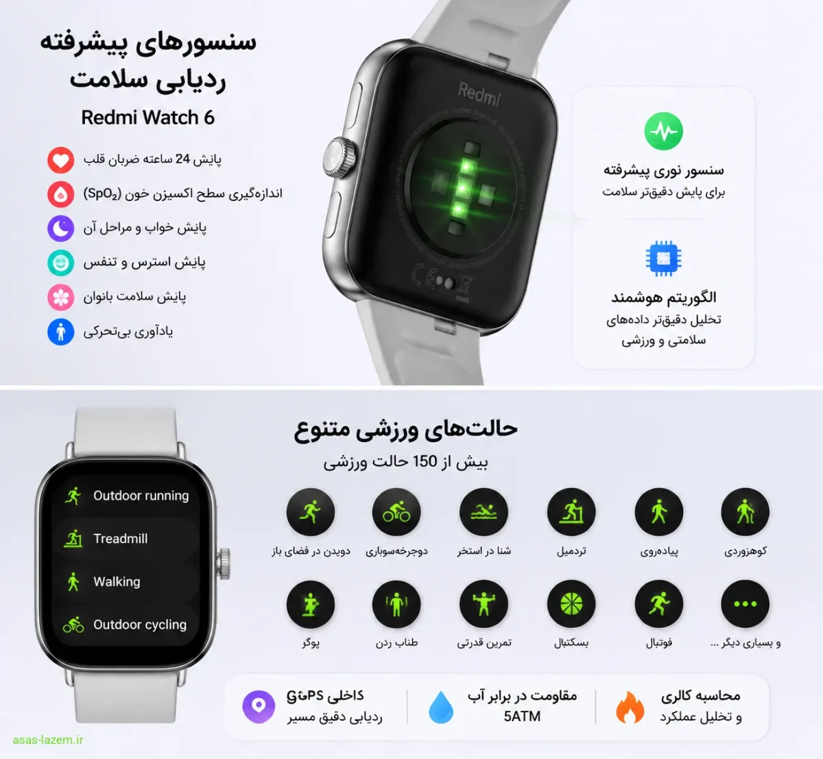سنسورهای ردیابی سلامت و حالت‌های ورزشی ساعت ردمی واچ 6