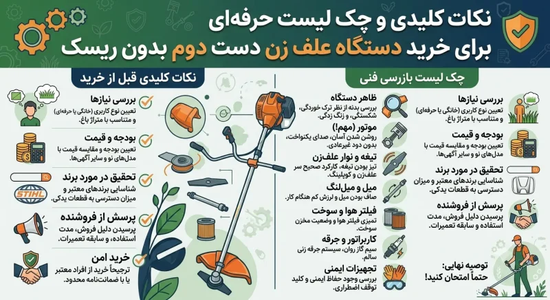 نکات کلیدی و چک لیست حرفه‌ای برای خرید دستگاه علف زن دست دوم بدون ریسک