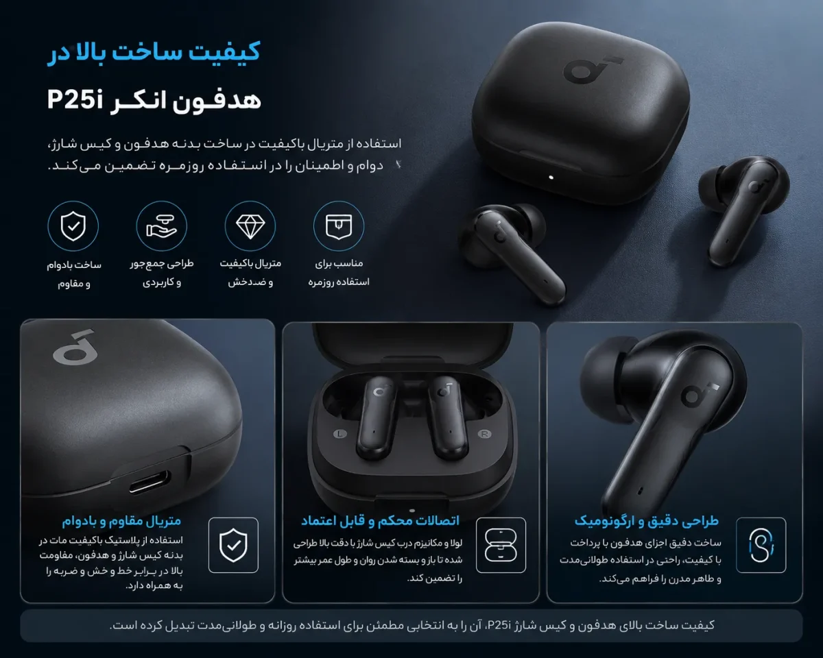کیفیت ساخت بدنه و کیس شارژ هدفون بلوتوثی انکر P25i