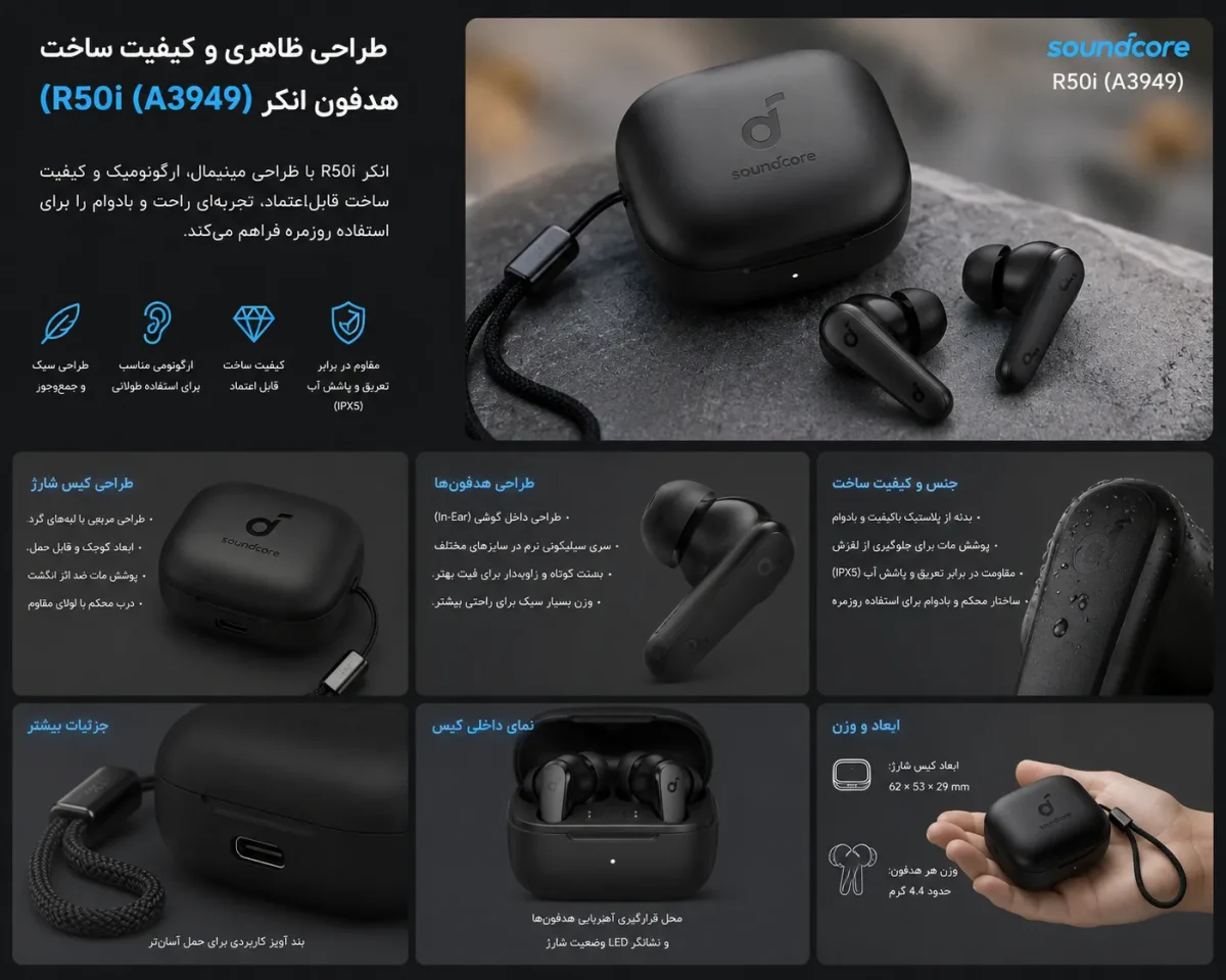 طراحی ظاهری و کیفیت ساخت هدفون انکر R50i A3949