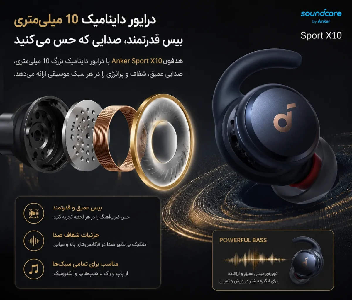 درایور داینامیک و بیس قوی هدفون انکر Sport X10