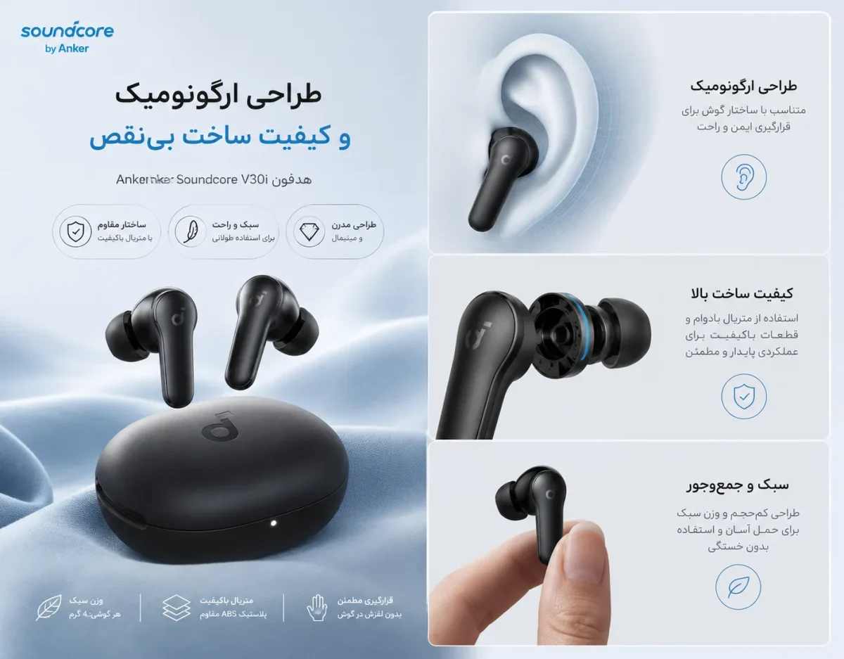 طراحی ارگونومیک و کیفیت ساخت هدفون انکر ساندکور V30i