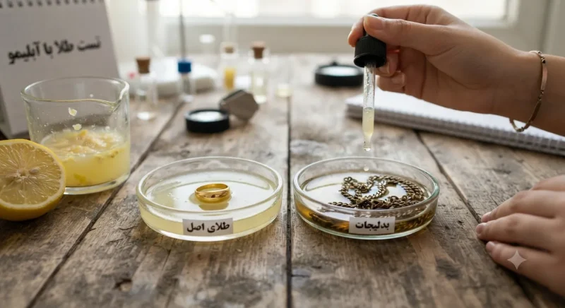 آزمایش تشخیص طلا با آبلیمو و بررسی تغییر رنگ بدلیجات