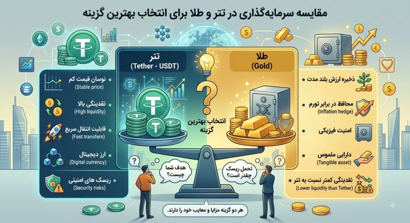 مقایسه سرمایه‌گذاری در تتر و طلا برای انتخاب بهترین گزینه