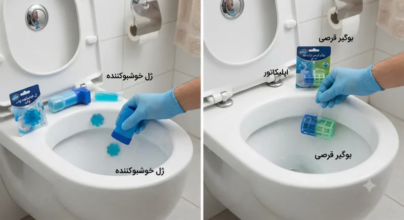 نحوه نصب بوگیر ژلی و آویزان کردن بوگیر قرصی روی لبه توالت فرنگی