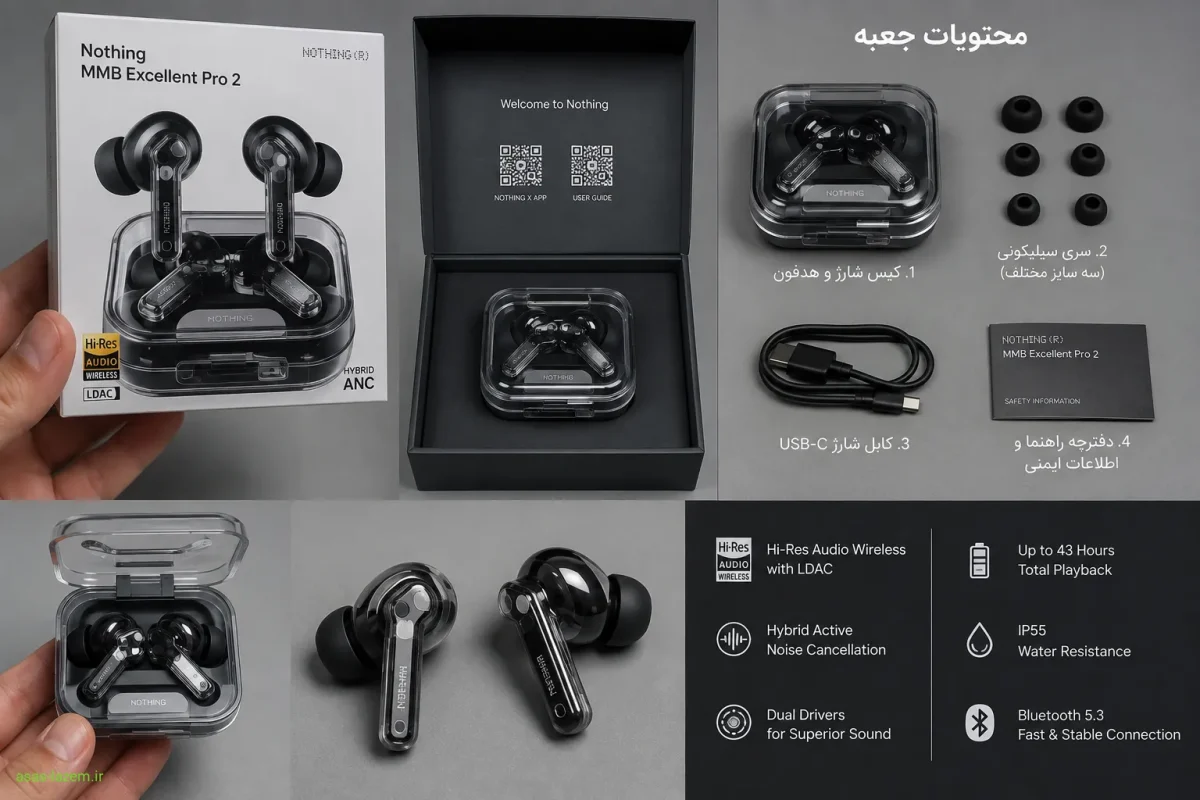 تصویر جعبه گشایی و محتویات جعبه هدفون ناتینگ ام ام دی اکسلنت پرو 2
