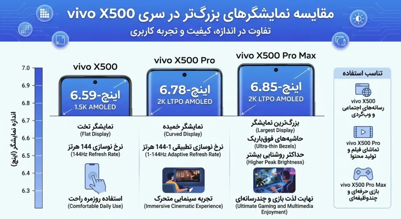 مقایسه نمایشگرهای بزرگ‌تر در سری X500 گوشی vivo