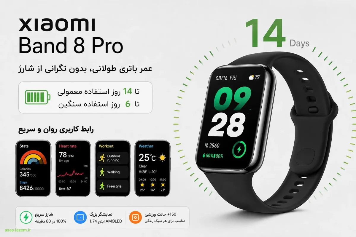 عمر باتری طولانی و رابط کاربری روان ساعت هوشمند شیائومی Band 8 Pro