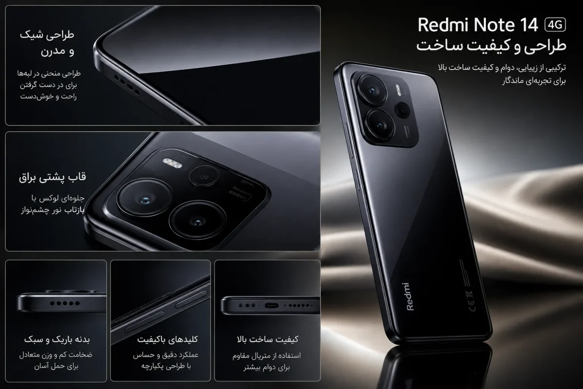 طراحی و کیفیت ساخت گوشی شیائومی مدل Redmi Note 14 4G با قاب پشتی براق