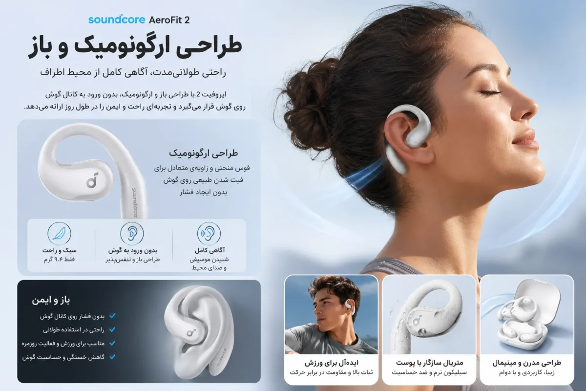 طراحی ارگونومیک و باز هدفون انکر ساندکور ایروفیت 2 روی گوش