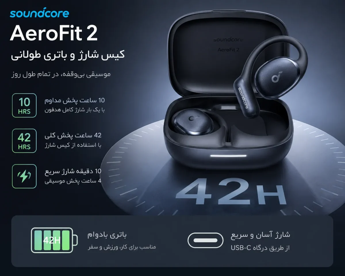 کیس شارژ و باتری طولانی هدفون Anker soundcore AeroFit 2