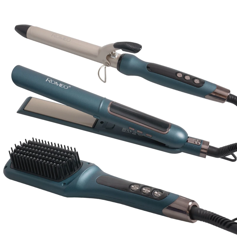 اتو مو حرفه ای رومئو مدل RM-5550 به همراه برس حرارتی و فر کننده مو مجموعه سه عددی