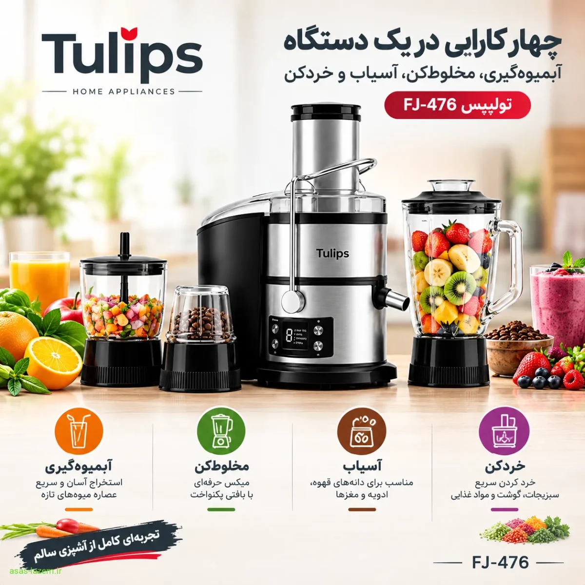 چهار کارایی آبمیوه‌گیری، مخلوط‌کن، آسیاب و خردکن تولیپس FJ-476